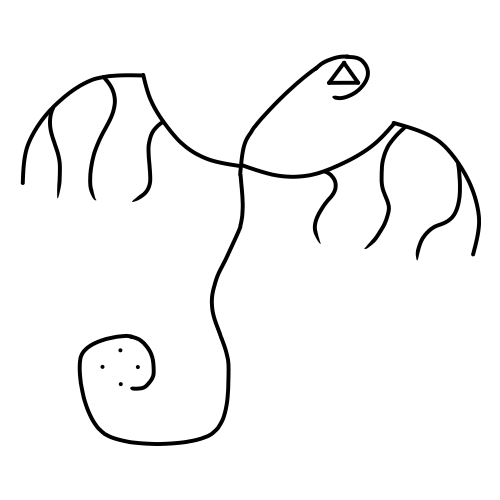 A runic image resembling a simplistic dragon, its tail curved around four dots and a triangle where its head would be