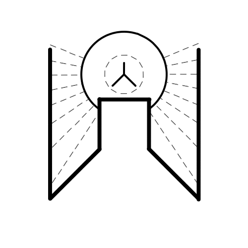 A three pointed star above lines that resemble a dais or altar, radiating dotted lines resembling light