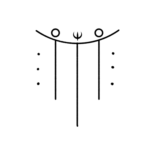 A runic depiction of an arcing line with three straight lines descending from it, with dots at the sides and two circles on top with a symbol resembling an eye in between them