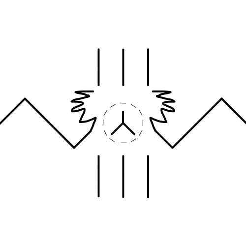 A jagged line broken by three slash marks, within which is a simple three-pointed star